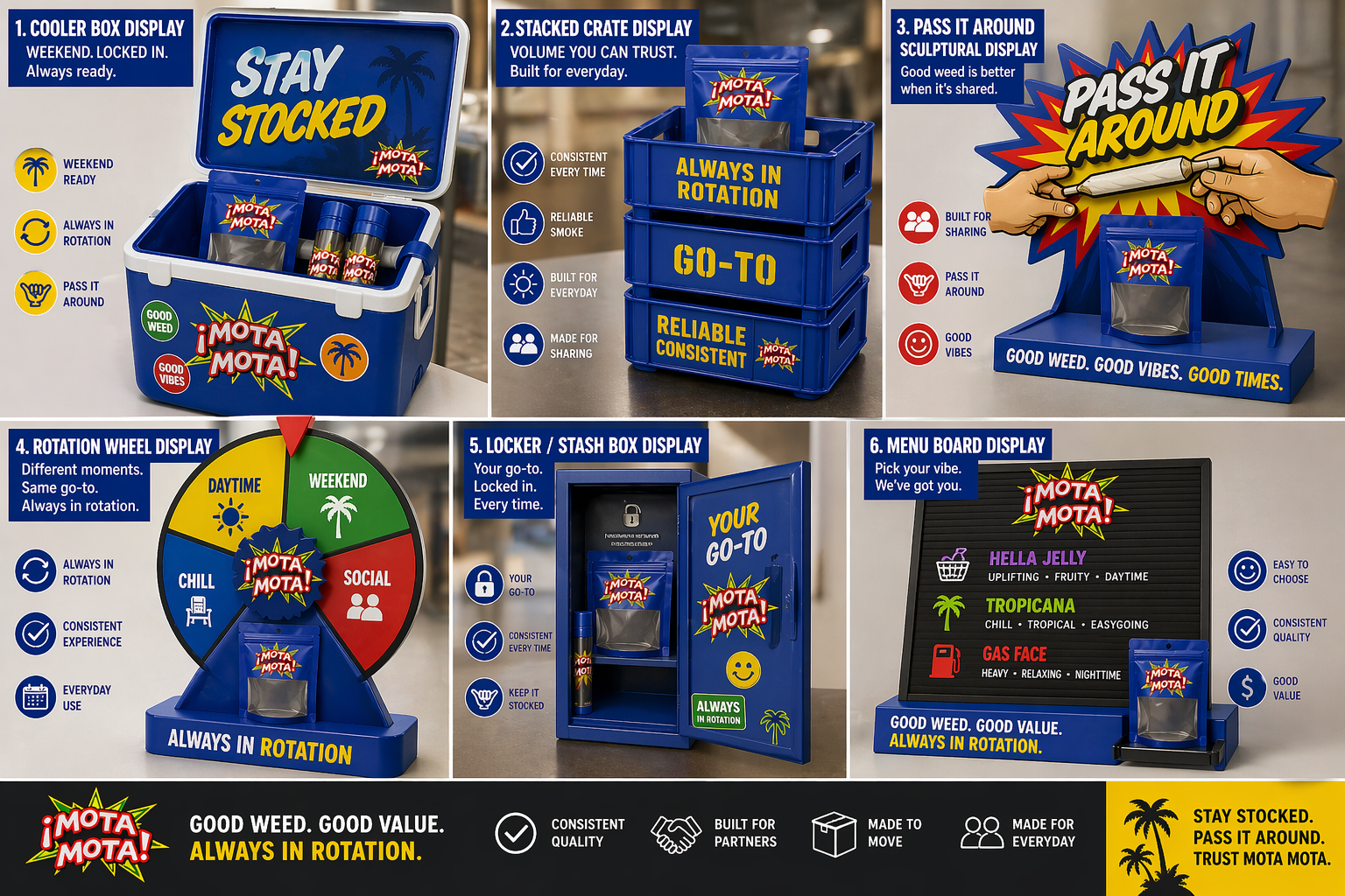 Mota Mota cooler, crate, and pass-it-around brand displays