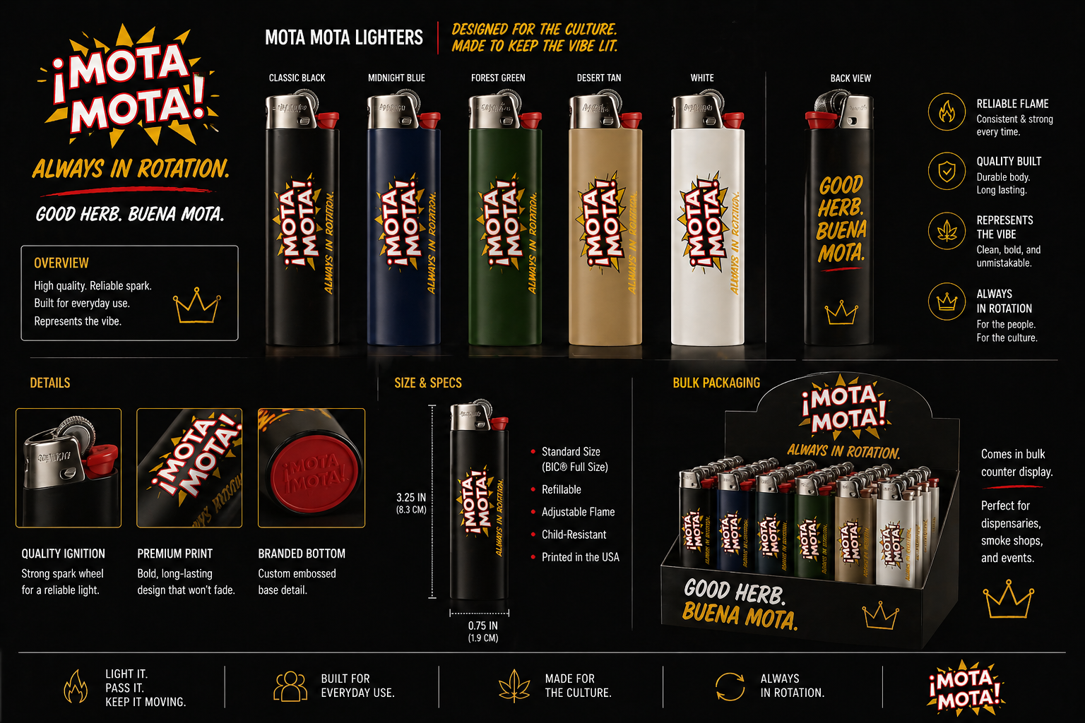 Mota Mota lighters lineup — Classic Black, Midnight Blue, Forest Green, Desert Tan, White