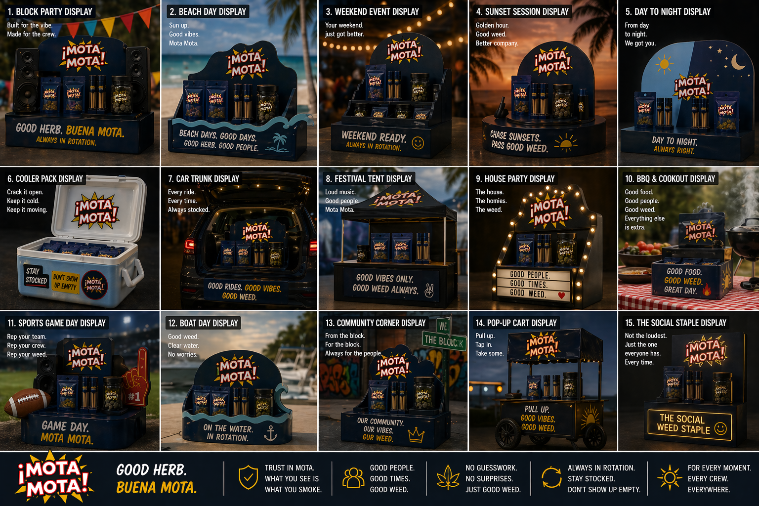 Mota Mota lifestyle displays — block party, beach day, BBQ, game day