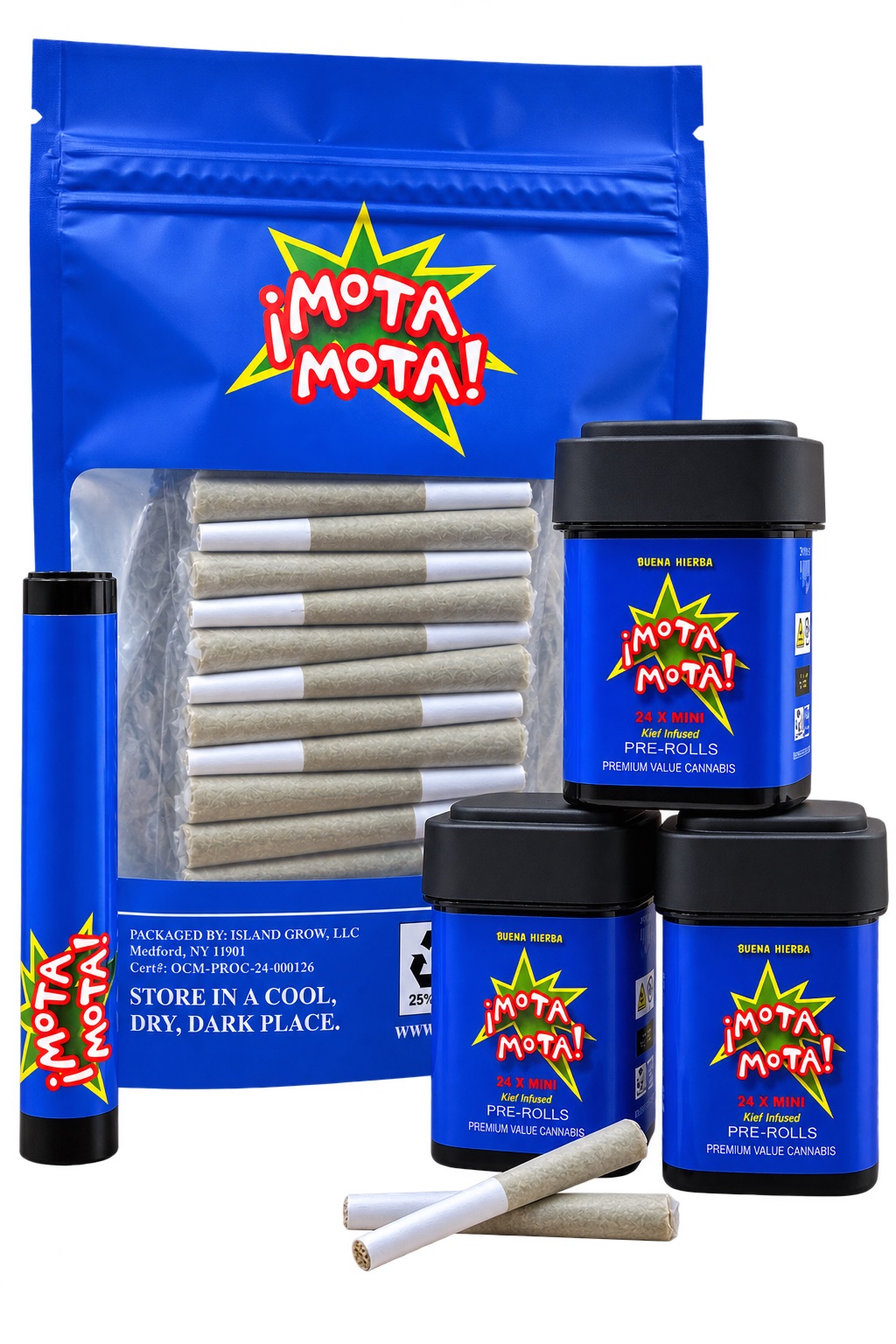 Mota Mota preroll lineup — 1g tube, 40-pack bag, and 24-pack tins