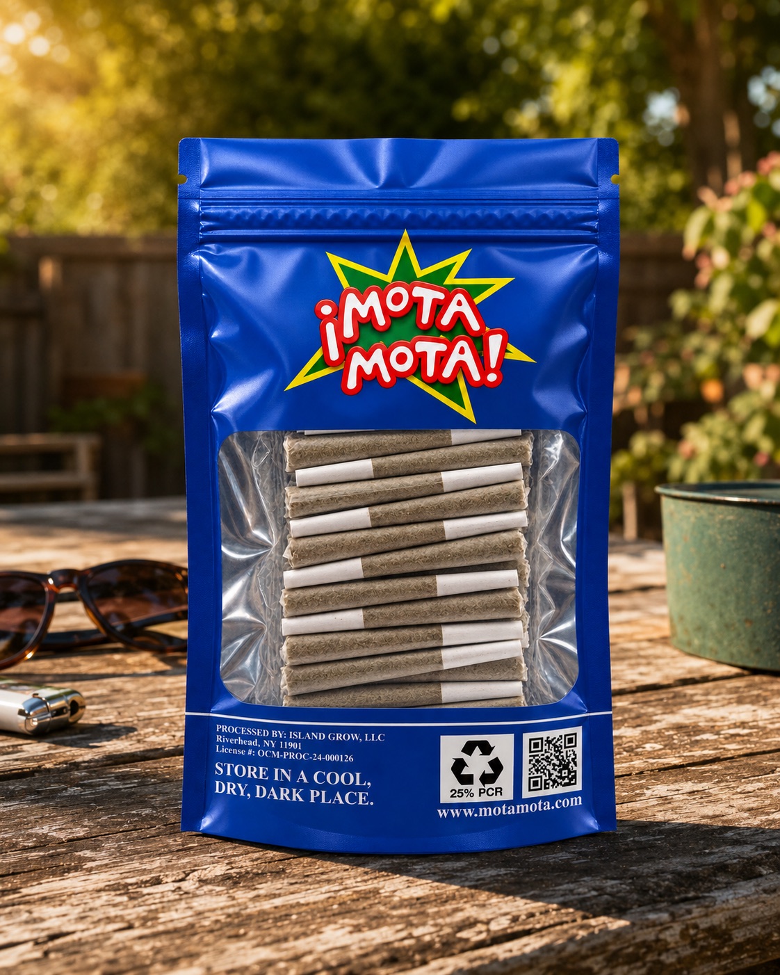 Mota Mota 40-pack on a backyard picnic table in the sun