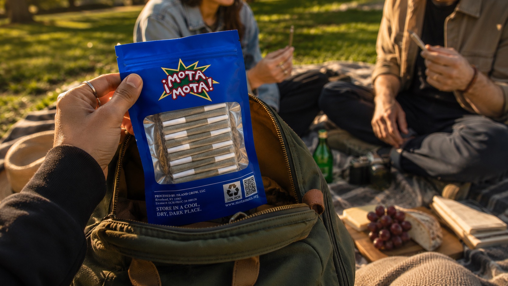 Friends passing Mota Mota prerolls around at a park picnic