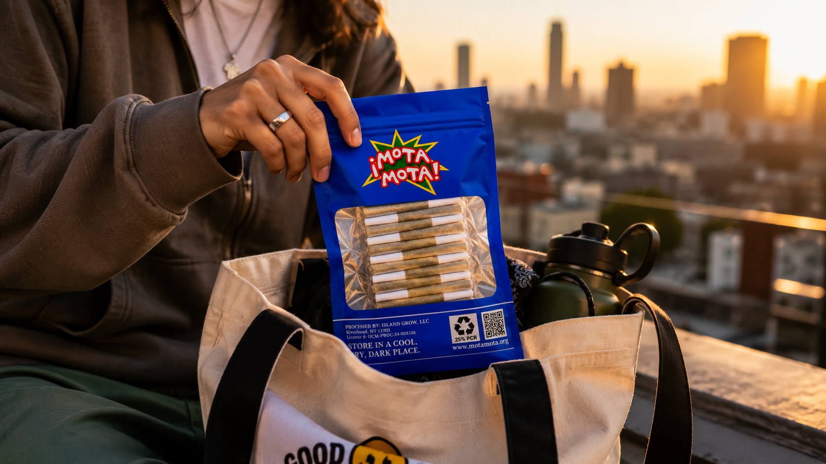 Pulling a Mota Mota bag from a tote on a rooftop at sunset