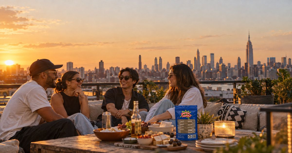 Friends sharing a rooftop gathering at sunset with the city skyline behind them